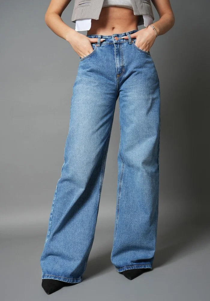 Jean Rígido Wide Leg Baggy para Mujer Tono Azul Medio