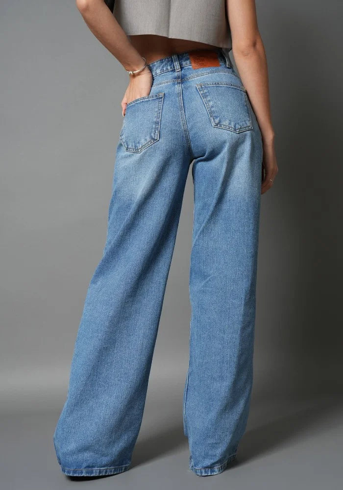 Jean Rígido Wide Leg Baggy para Mujer Tono Azul Medio