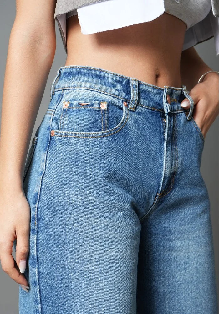 Jean Rígido Wide Leg Baggy para Mujer Tono Azul Medio