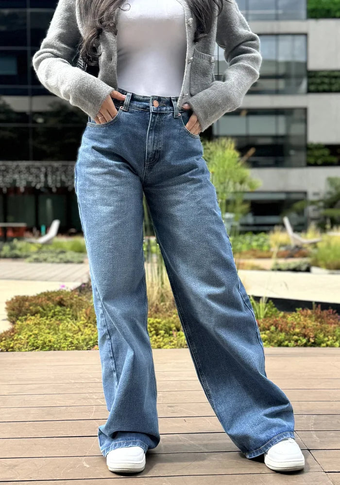 Jean Rígido Wide Leg Baggy para Mujer Tono Azul Medio