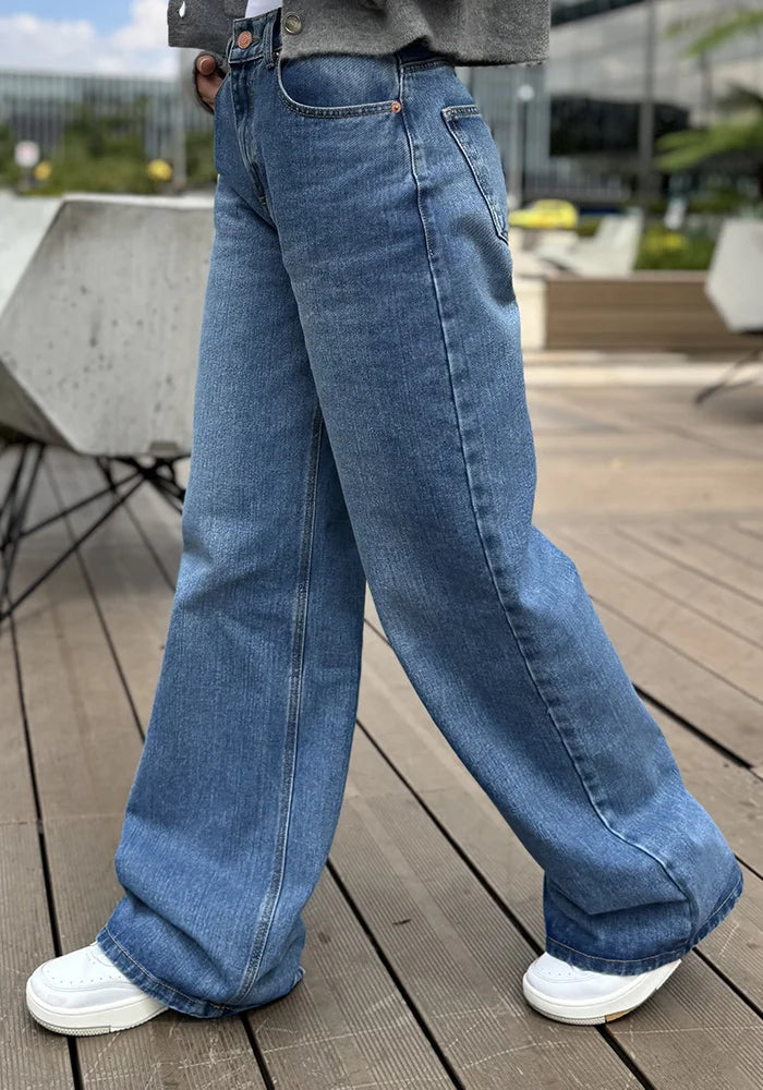 Jean Rígido Wide Leg Baggy para Mujer Tono Azul Medio