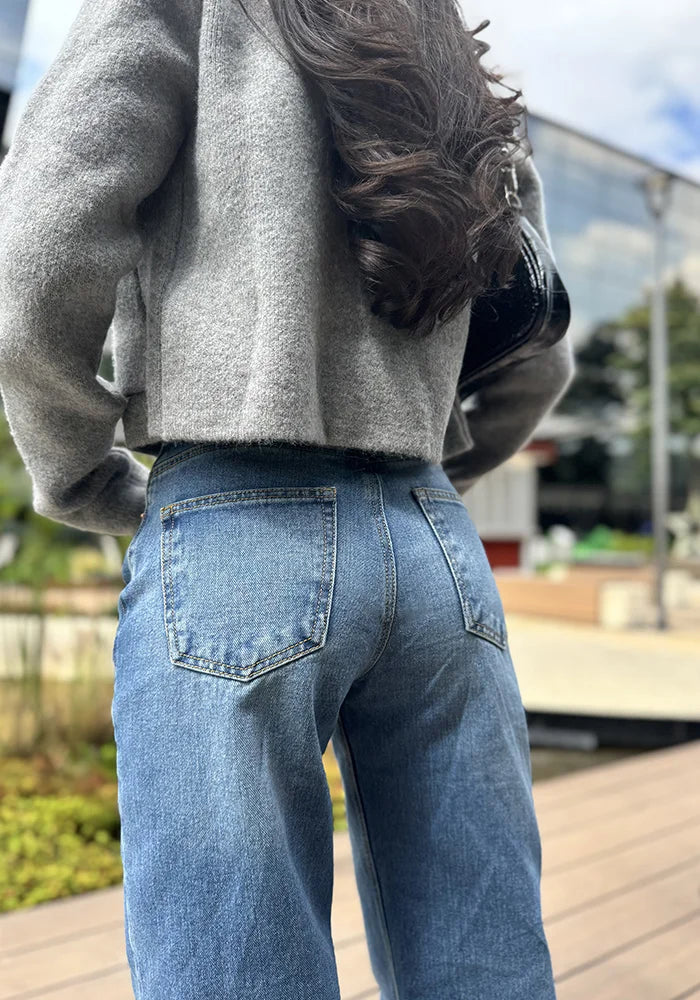 Jean Rígido Wide Leg Baggy para Mujer Tono Azul Medio