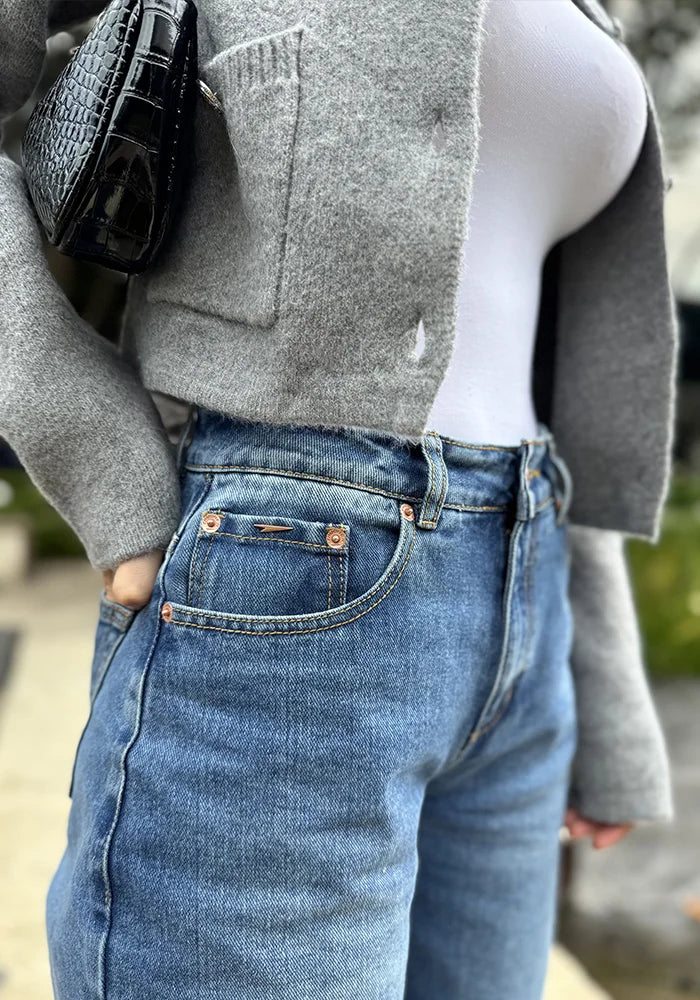 Jean Rígido Wide Leg Baggy para Mujer Tono Azul Medio