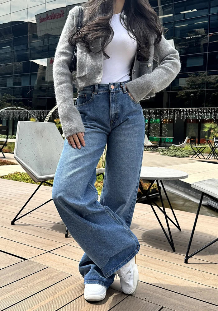Jean Rígido Wide Leg Baggy para Mujer Tono Azul Medio