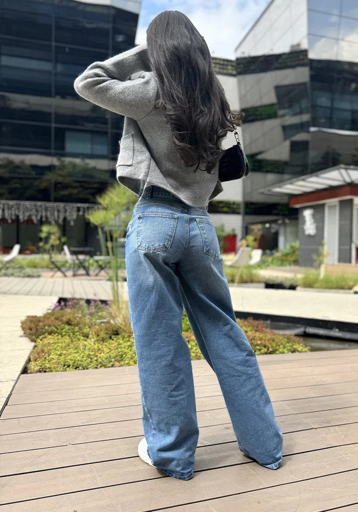 Jean Rígido Wide Leg Baggy para Mujer Tono Azul Medio
