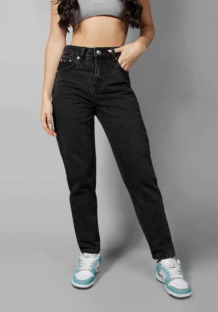 Jean Rigido Mom Fit Para Mujer Negro Sky