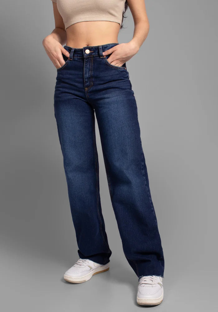 Jeans Straight Leg tono Azul Oscuro Sin Ruedo