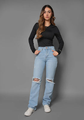 Jeans Straight Leg Azul Claro Con Rotos