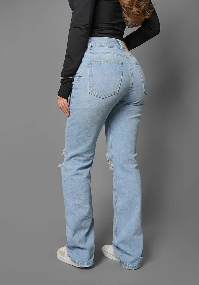 Jeans Straight Leg Azul Claro Con Rotos