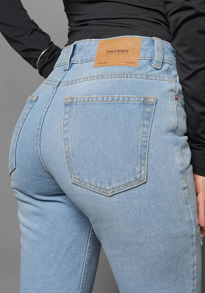 Jeans Straight Leg Azul Claro Con Rotos