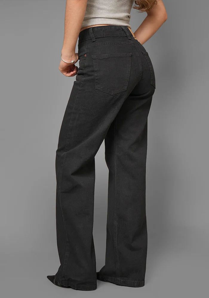 Jean Rigido Wide Leg Para Mujer Negro Mate New