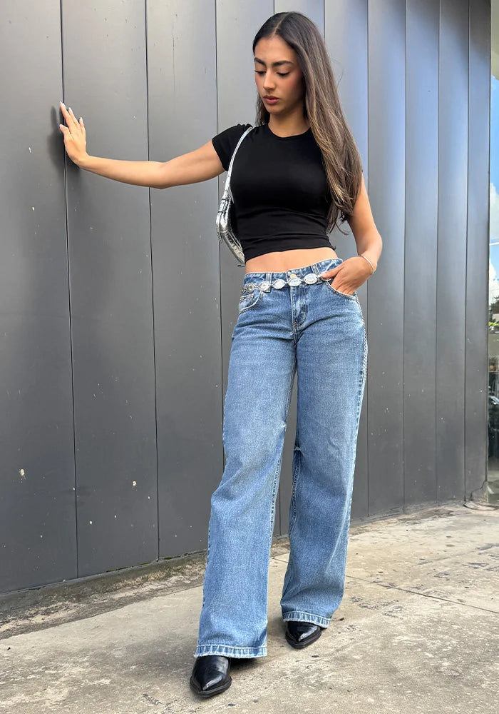 Jean para Mujer Wide Leg Tiro Bajo Azul Medio Claro
