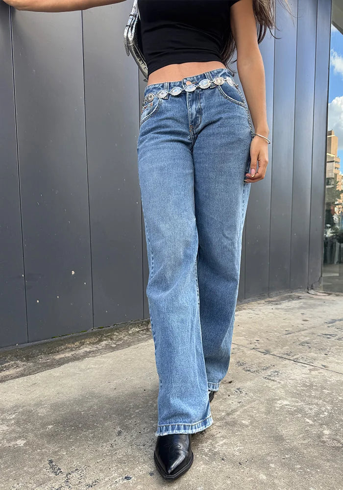 Jean para Mujer Wide Leg Tiro Bajo Azul Medio Claro
