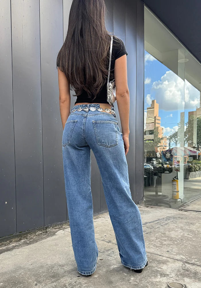 Jean para Mujer Wide Leg Tiro Bajo Azul Medio Claro