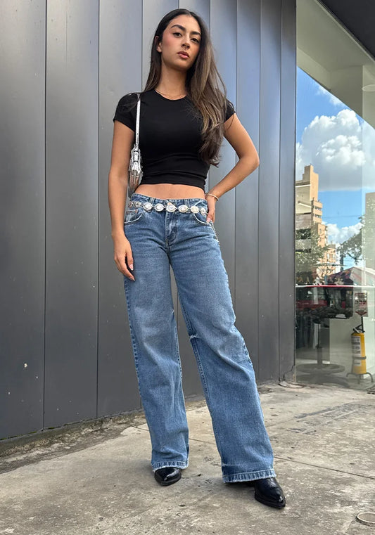 Jean para Mujer Wide Leg Tiro Bajo Azul Medio Claro