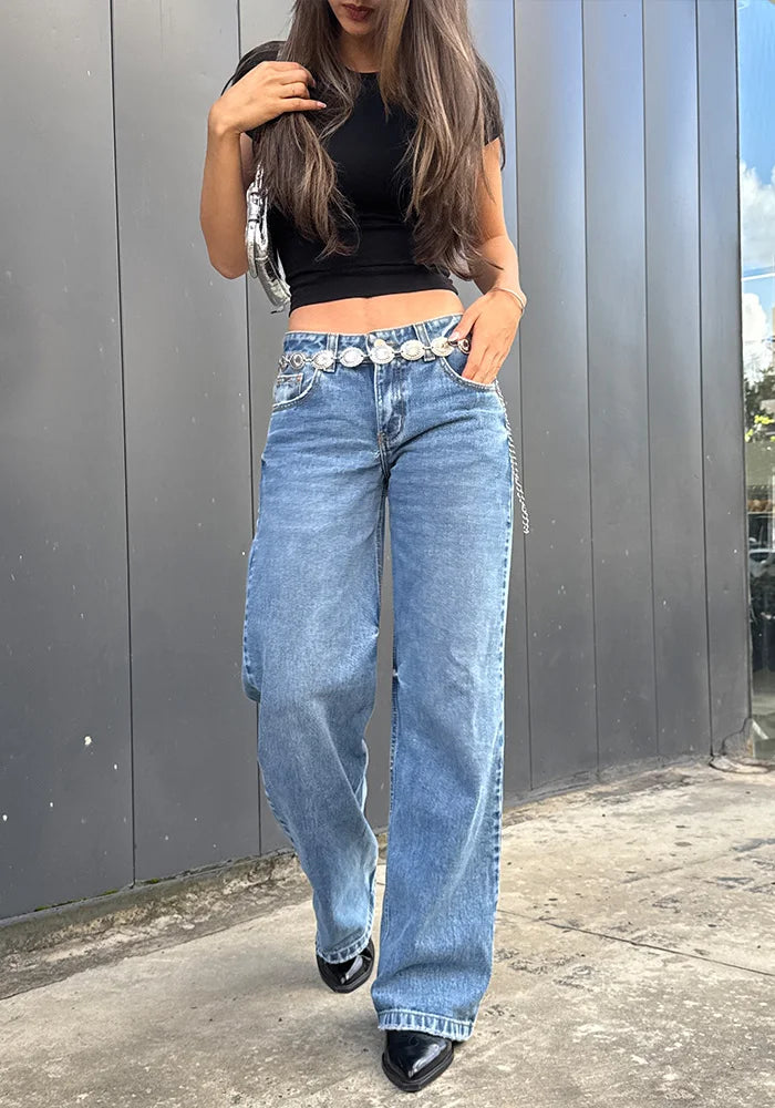 Jean para Mujer Wide Leg Tiro Bajo Azul Medio Claro