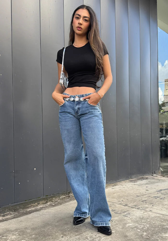 Jean para Mujer Wide Leg Tiro Bajo Azul Medio Claro