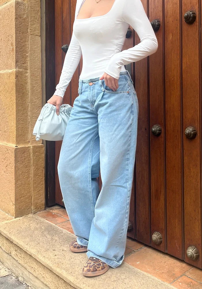 Wide Leg Baggy Tiro Bajo Sin Pretina Azul Claro