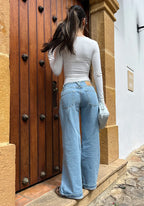Wide Leg Baggy Tiro Bajo Sin Pretina Azul Claro