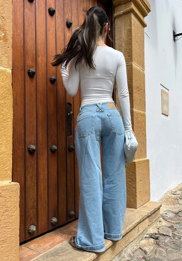 Wide Leg Baggy Tiro Bajo Sin Pretina Azul Claro