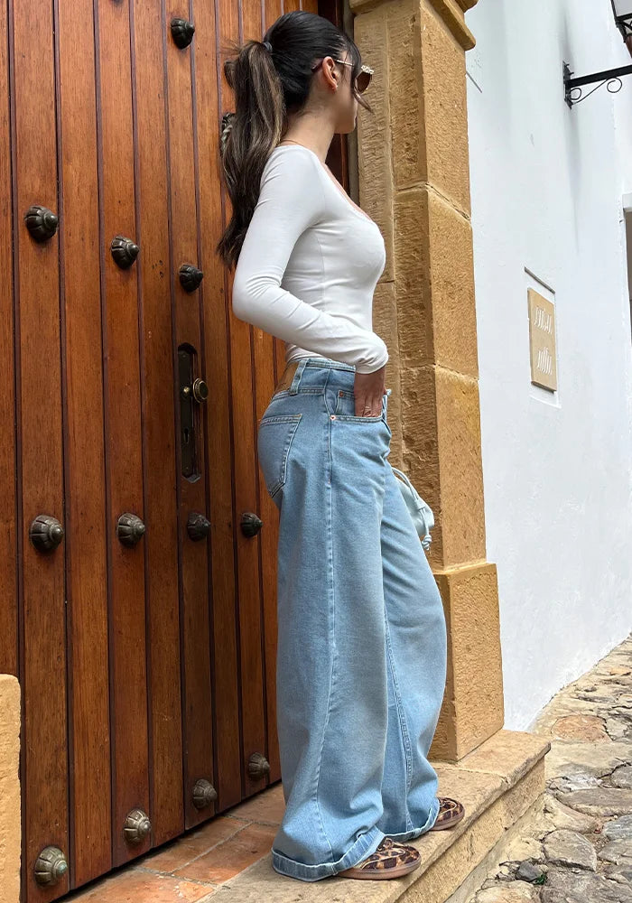 Wide Leg Baggy Tiro Bajo Sin Pretina Azul Claro
