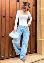 Wide Leg Baggy Tiro Bajo Sin Pretina Azul Claro