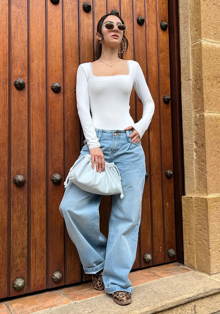 Wide Leg Baggy Tiro Bajo Sin Pretina Azul Claro