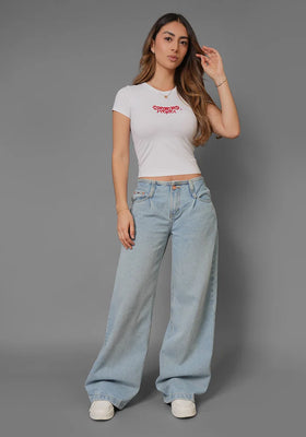 Wide Leg Baggy Tiro Bajo Sin Pretina Azul Claro