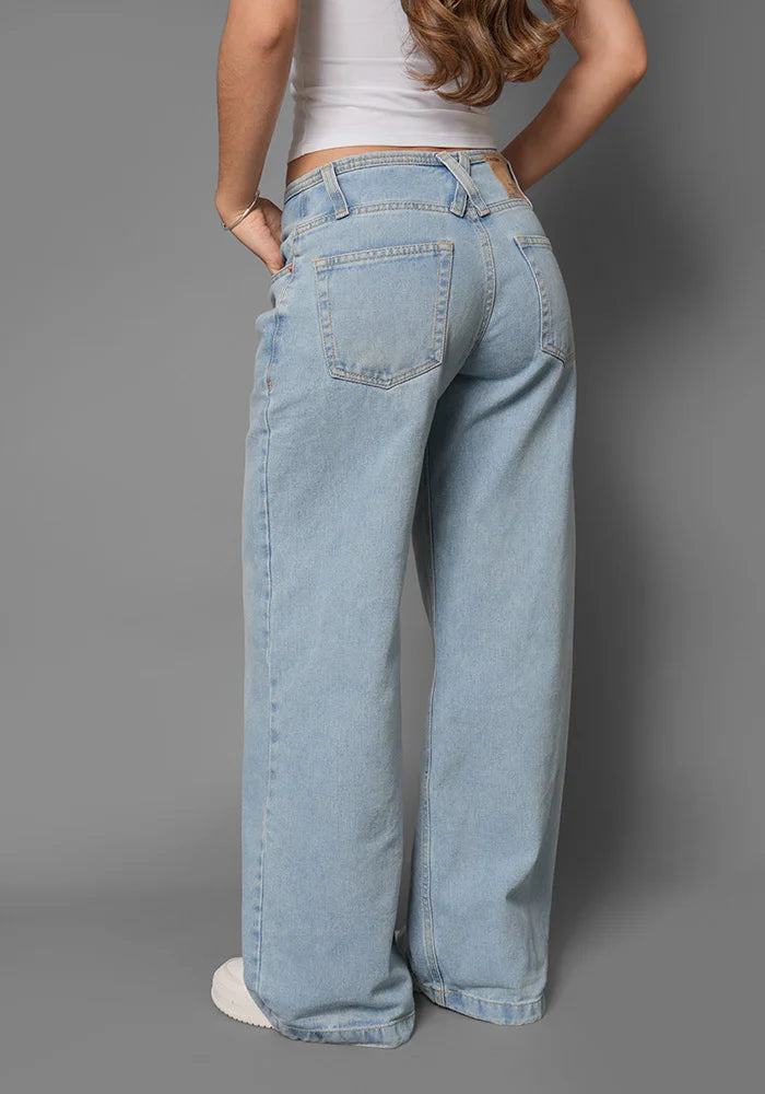 Wide Leg Baggy Tiro Bajo Sin Pretina Azul Claro