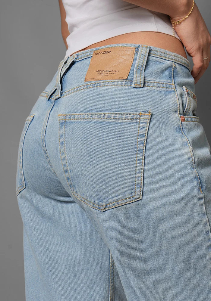 Wide Leg Baggy Tiro Bajo Sin Pretina Azul Claro