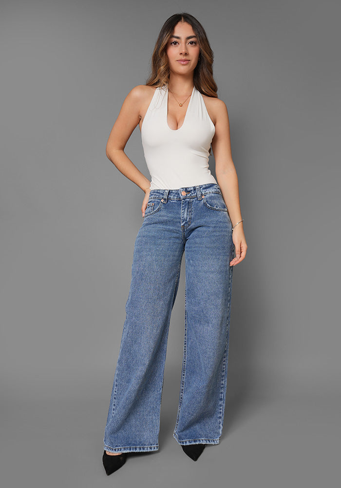 Jean Rígido Wide Leg Baggy para Mujer Tono Azul Medio Oscuro Tiro Bajo