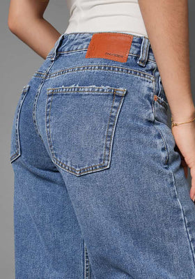 Jean Rígido Wide Leg Baggy para Mujer Tono Azul Medio Oscuro Tiro Bajo