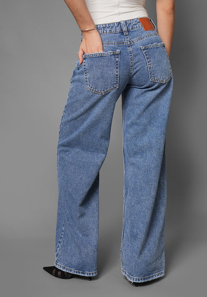 Jean Rígido Wide Leg Baggy para Mujer Tono Azul Medio Oscuro Tiro Bajo