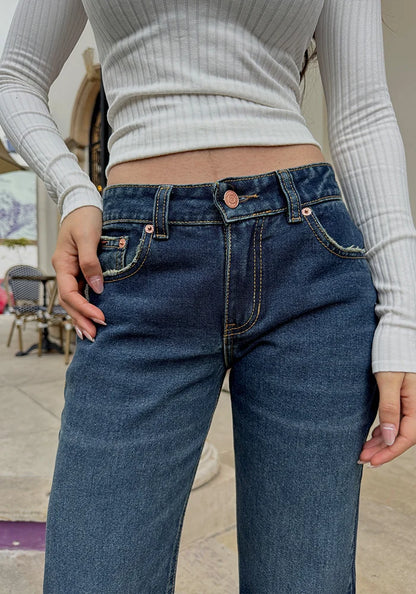 Jeans Straight Leg Azul Oscuro Dirty Tiro Bajo