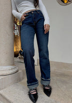 Jeans Straight Leg Azul Oscuro Dirty Tiro Bajo