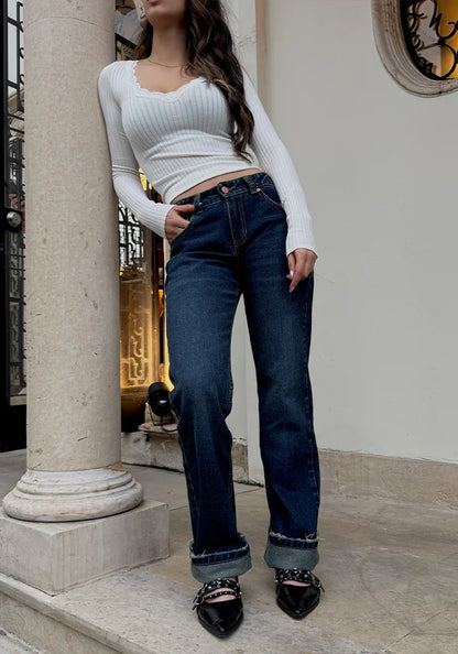 Jeans Straight Leg Azul Oscuro Dirty Tiro Bajo