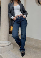 Jeans Straight Leg Azul Oscuro Dirty Tiro Bajo
