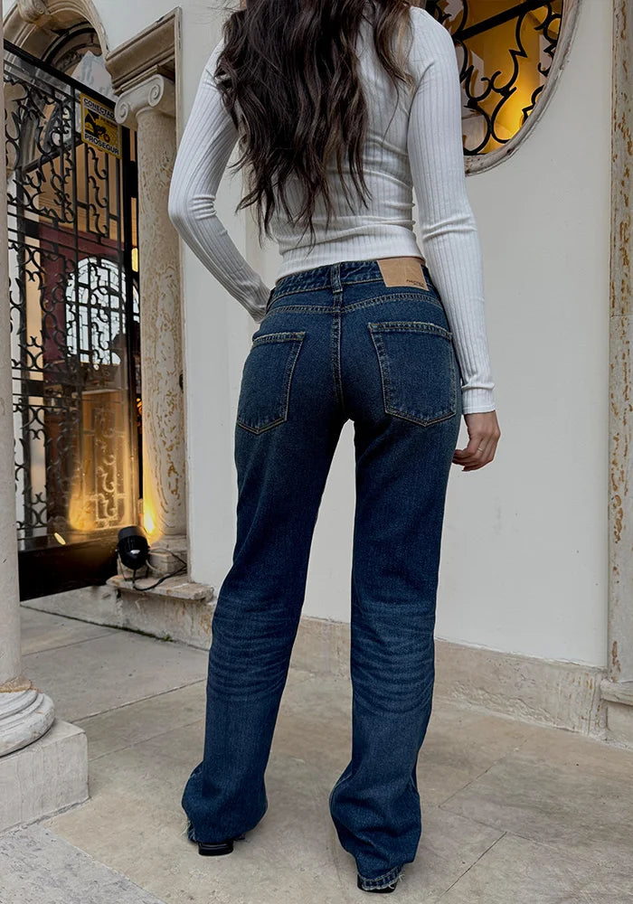 Jeans Straight Leg Azul Oscuro Dirty Tiro Bajo