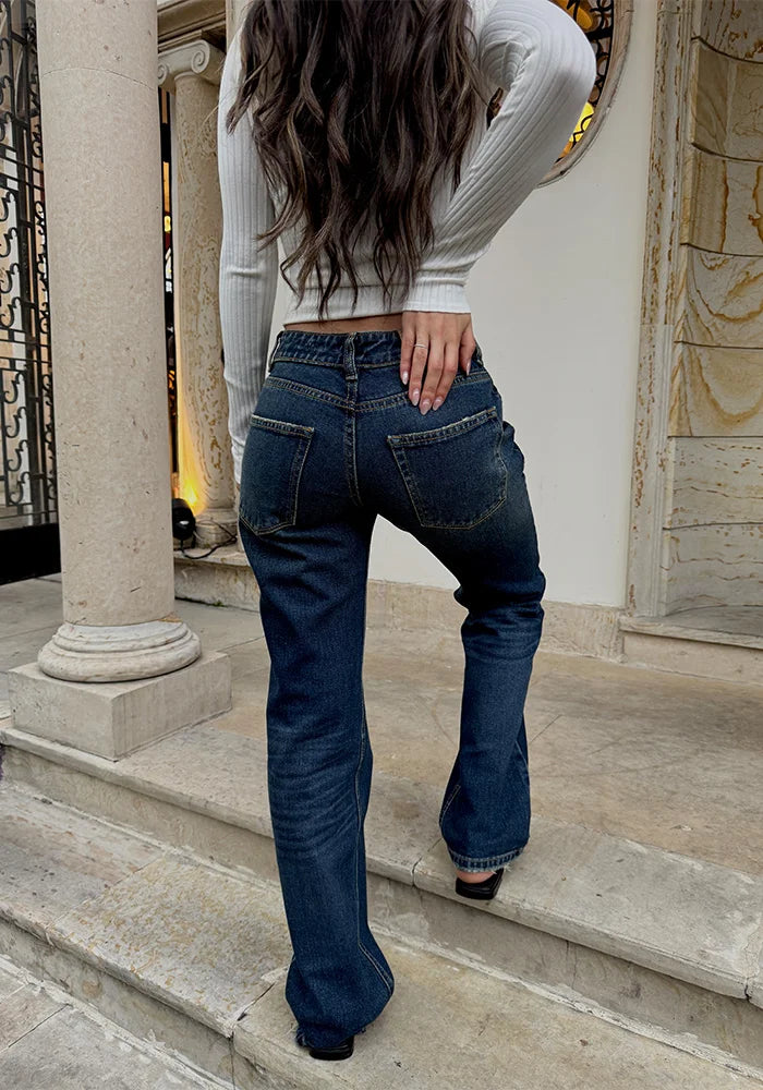 Jeans Straight Leg Azul Oscuro Dirty Tiro Bajo