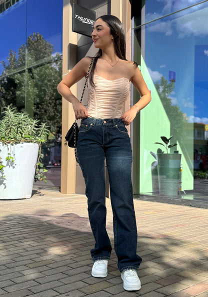 Jeans Straight Leg Azul Oscuro Dirty Tiro Bajo