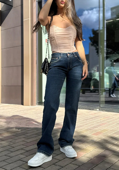 Jeans Straight Leg Azul Oscuro Dirty Tiro Bajo