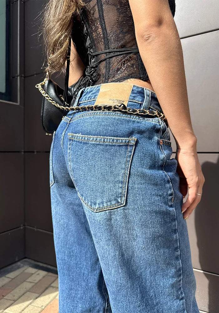 Jean Rígido Wide Leg Baggy para Mujer Tono Azul Medio Oscuro Tiro Bajo