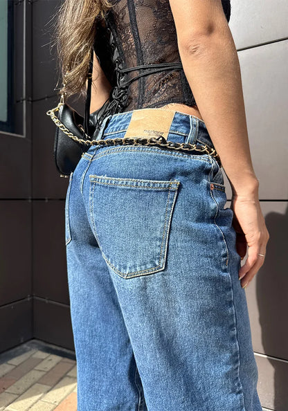 Jean Rígido Wide Leg Baggy para Mujer Tono Azul Medio Oscuro Tiro Bajo