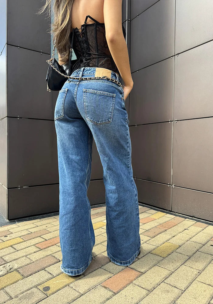 Jean Rígido Wide Leg Baggy para Mujer Tono Azul Medio Oscuro Tiro Bajo