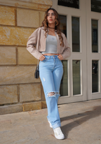 Jeans Straight Leg Azul Claro Con Rotos