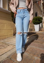 Jeans Straight Leg Azul Claro Con Rotos