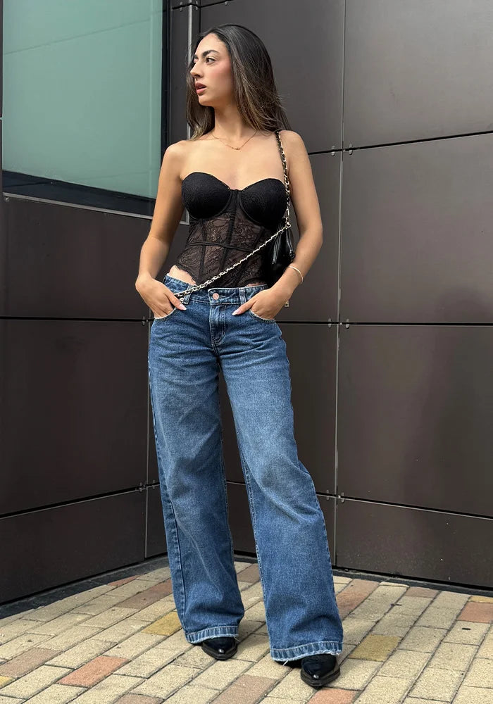 Jean Rígido Wide Leg Baggy para Mujer Tono Azul Medio Oscuro Tiro Bajo