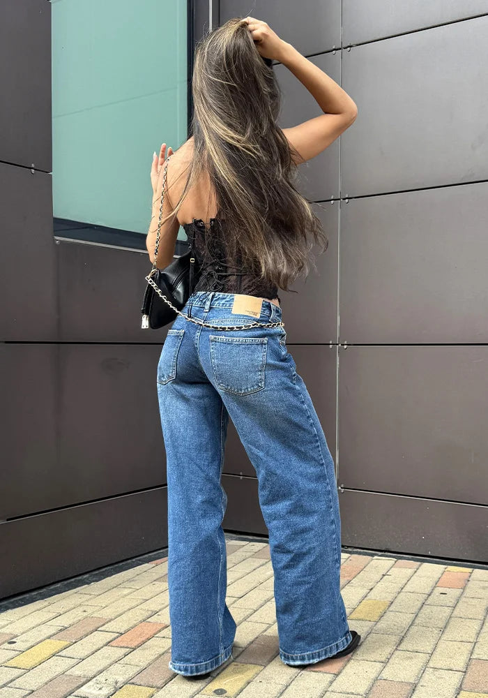 Jean Rígido Wide Leg Baggy para Mujer Tono Azul Medio Oscuro Tiro Bajo