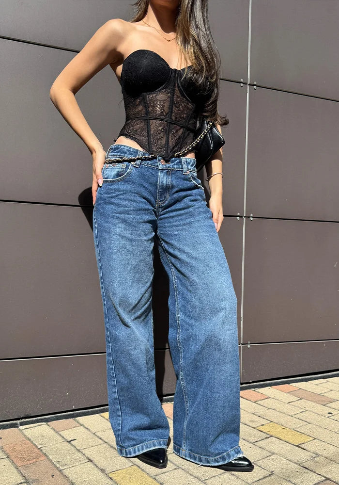 Jean Rígido Wide Leg Baggy para Mujer Tono Azul Medio Oscuro Tiro Bajo
