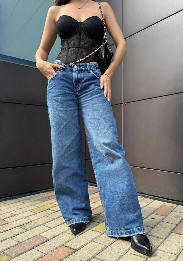 Jean Rígido Wide Leg Baggy para Mujer Tono Azul Medio Oscuro Tiro Bajo
